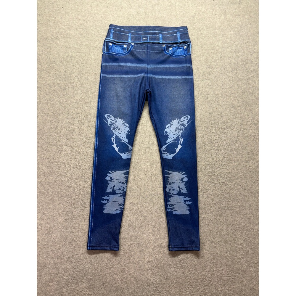 Blue Denim Print Graphic Leggings Faux Jean Trompe L'oeil Stretchy Pants Large